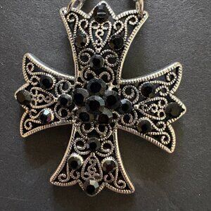 La Sophia Silver Tone with Black Crystals Devotion Retired Cross Necklace